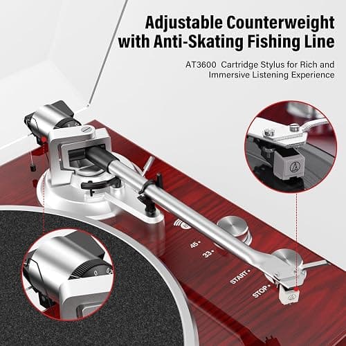 Belt Drive Turntable for Vinyl Record Player,Connect with Bluetooth Speakers or Active Speaker,Built-in Phono Pre-amp,USB Digital Output, Magnetic Cartridge,High-Gloss Wood Design(Red) thumbnail 3