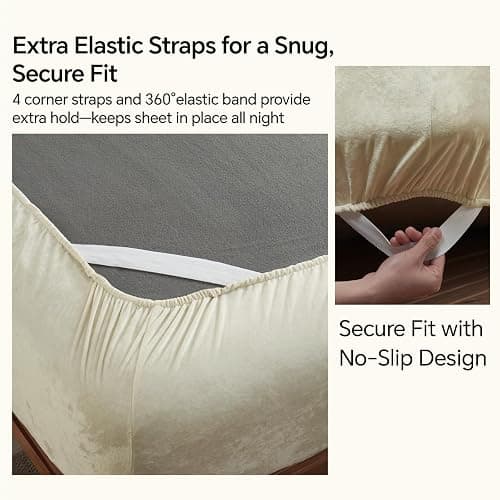 BEDELITE Velvet Fitted Sheet and Pillowcases Set, Luxury Soft Fuzzy Bottom Sheet with Reinforced Elastic Corner Straps, Deep Pocket up to 15 Inch, 1 Fitted Sheet and 2 Pillowcases (Queen, Cream) thumbnail 5