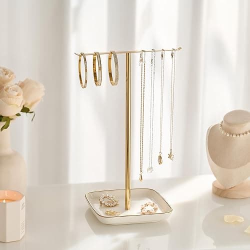 pickpiff Necklace Holder Stand with Ceramic Base: 12" Jewelry Tree Display Organizer for Necklaces, Bracelets, Rings, Earrings, Tall Gold Stand for Women, Aesthetic Room Décor thumbnail 2