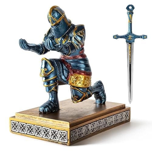 MACLARONX Kneeling Knight Pen Holder with Sword Medieval Warrior Fancy Pencil Stand for Office Desk Home Decor for Men Father Husband Armor Soldier Statue - Image 1