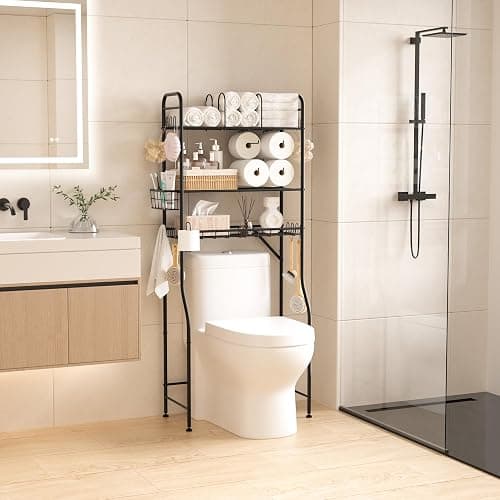TETOTE Over The Toilet Storage Rack, 3-Tier Bathroom Organizer Shelf Over Toilet with Toilet Paper Roll Holder, Freestanding Metal Rack, Black thumbnail 9