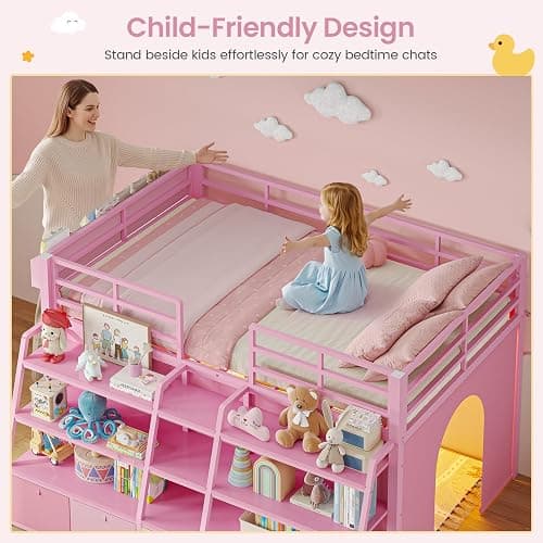 MSmask Low Loft Bed Twin with Stairway Shelf Storage, 5 Drawers, Pink | Heavy Duty Metal Kids Loft Bed with Beside Box Storage, LED Lights, Safety Guardrail, Under-Bed Play Space, Spave Saving thumbnail 8