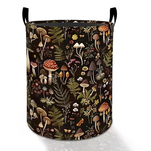 Vintage Mushroom Laundry Basket Hamper for Boys Girls Kids Adults, Foldable Waterproof Oxford Clothes Storage Bin, Nature Organizer for Bedroom Bathroom Room Decor 19.7"x15.8" - Image 1