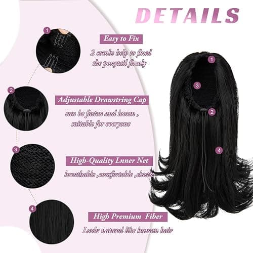 YUMOREAL Short Black Drawstring Ponytail Hair Extension for Black Women 14 Inch Straight Ponytail with End Curls Synthetic Fake Hairpieces thumbnail 3