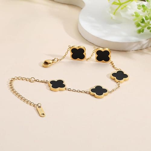 AIPPK 18K Gold Plated Clover Lucky Bracelet for Women White/Black/Red/Green Flower Four Leaf Link Bracelets Trendy Jewelry Gifts for Women thumbnail 4