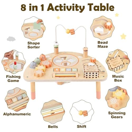 Activity Table for 1 Year Old, Montessori Toys for 1 2 Year Old Girls Boy Gifts, 8 in 1 Wooden Sensory Play Table for Toddler 1-3, Learning Toys for Baby 12-18 Months 1st Christmas Birthday Gifts thumbnail 3