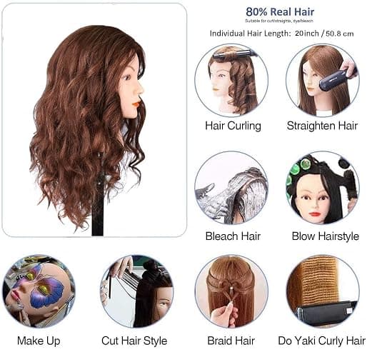 Mannequin Head with 100% Human Hair, SZCY LLC 18" Dark Brown Real Hair Cosmetology Mannequin Head Hair Styling Hairdressing Practice Training Doll Heads with Clamp Holder and Tools thumbnail 3