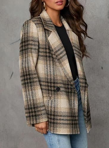 Happy Sailed Women’s Plaid Blazer Classic Lapel Collar Double Breasted Open Front Blazers Jackets Work Suit with Pockets thumbnail 4