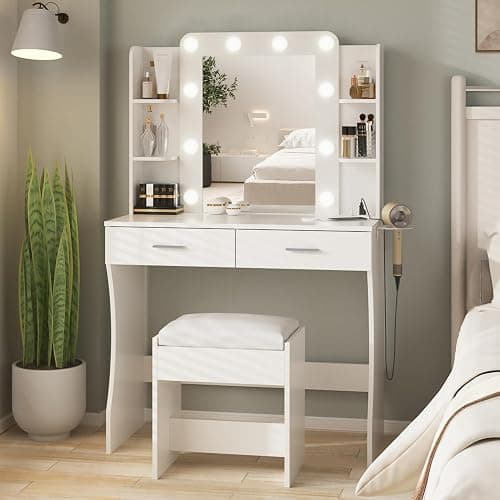Vabches Vanity Desk with Lights,Makeup Vanity with Power Strip,Dressing Table Set with 2 Large Drawers,Vanity Mirror 3 Lighting Color Adjustable,White - Image 1