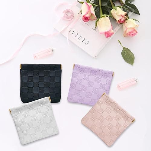 2 PCS Small Makeup Bag for Women, Small Pouches for Purse,Mini Checkered Cosmetic Bag Waterproof Pouch for Travel Storage bag, for Cosmetics Headphones Jewelry Cosmetic Lipstick Coins (Black, Beige) thumbnail 2