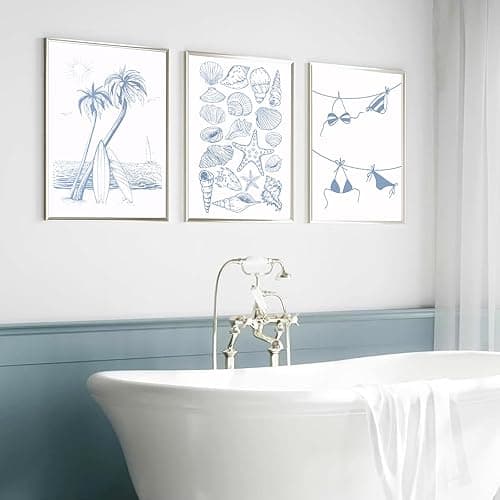 Trendy Coastal Wall Art Set of 3 Blue Seashell Bikini Coquette Posters Prints Coastal Granddaughter Beach House Preppy Aesthetic Wall Decor Pictures for Girly Bedroom Dorm Apartment Unframed 12x16in - Coastal - 16L" x 12W"poster thumbnail 5