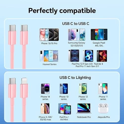 VANOVEI Compatible with iPhone Charger Fast Charging,2Pack 20W USB C Fast Charger Block with 6FT USB C Cable&10FT USB C to Liightning Cable Compatible with Phone 16/15/14/13/12 Pro/Pro Max,Pink thumbnail 6