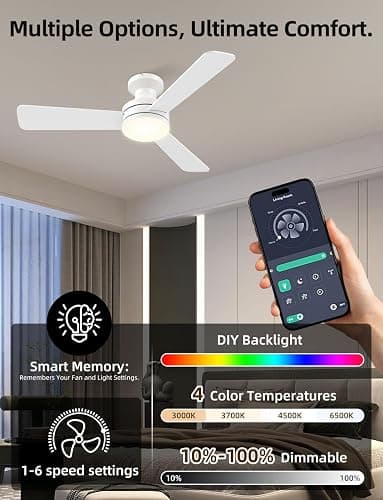 Homlit 42 inch RGB Ceiling Fan with Light, Smart App & Remote Control Low Profile Flush Mount, Music Sync Lighting, 6-Speed Quiet Reversible DC Motor, 4CCT Dimmable for Home Office Party,White thumbnail 3