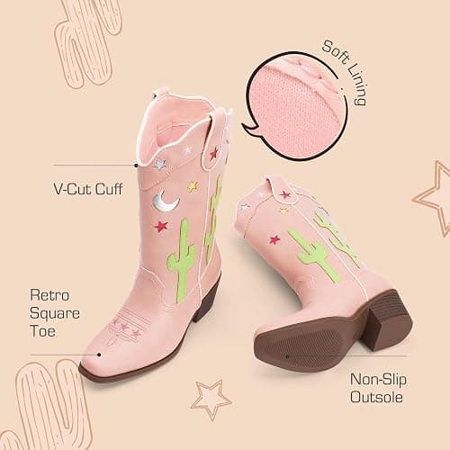 DREAM PAIRS Girls Cowboy Boots Cowgirl Mid Calf Western Boots with Low Heel Square Toe for Little Kid/Big Kid thumbnail 3