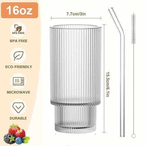 AFINSEA 16OZ Ribbed Glass Cups with Lids and Straws,Iced Coffee Cups with Lid,Vintage Glassware for Whiskey Cocktail Beer Fruit Juice Glasses Tumbler(1Pack) thumbnail 3