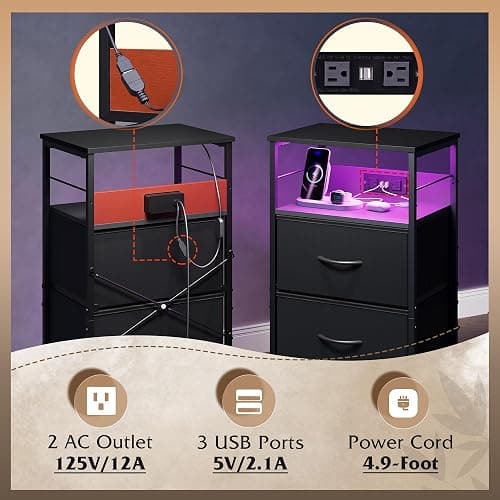 WLIVE LED Nightstand with Charging Station, Black Night Stand with 3 Fabric Drawers and Storage Shelf, Small Dresser for Small Space, 31.9" H Bedside Table with USB Ports and Outlets for Bedroom thumbnail 6