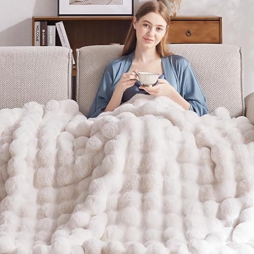 Anysay Heated Blanket Throw with 1/2/4/6/8 Hours Auto-Off 10 Heat Level, 50'' * 60'' Cozy Faux Rabbit Fur Bubble Electric Blanket with Overheat Protection(White) thumbnail 3