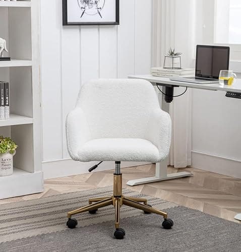 Yoluckea Furry Height Adjustable Vanity Chair, Computer Cute Office Desk Chairs, Faux Swivel Chair White Faux Four Pads thumbnail 4