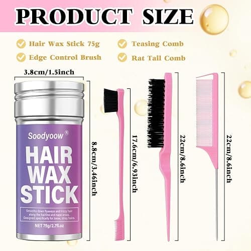 Soodyoow 75g Hair Wax Stick & Slick Back Hair Brush, Non Greasy Anti Frizz Hair Styling Kit for Taming Flyaways, Smoothing Frizz, Sleek Ponytails, Styling Accessories for Women, Girls, Pink thumbnail 2