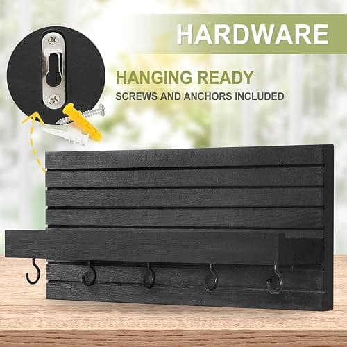 Lwenki Decorative Key Holder for Wall with Shelf, Entryway Shelf with Hooks Holds Leashes, Jackets and Glasses – Sturdy Wood Keyholder Entrance Hanger with Mounting Hardware (Black, Medium) thumbnail 6