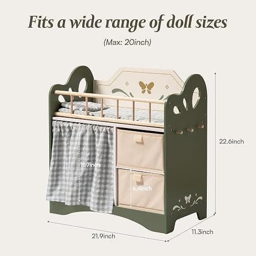 ROBUD Baby Doll Bed,Doll Bed with Storage and Bedding, Sturdy Baby Doll Cribs for Girls,Nice Gift of Doll Beds for 18 Inch Dolls to Children, Green thumbnail 3