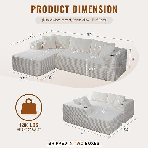 Shintenchi Boneless Couches for Living Room,Modular Sectional Sofa with 2 Cup Holders,Memory Foam Cloud Couch with L Shaped Oversized Chaise,No Assembly Needed Plush Corduroy Sofa,White thumbnail 2