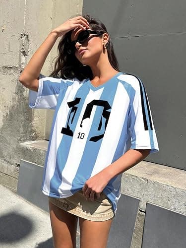 Oversized Jersey Shirts for Women Argentina Jersey Brazil Shirt Pink Soccer Mom Tshirts Y2k V Neck Short Sleeve Top thumbnail 5