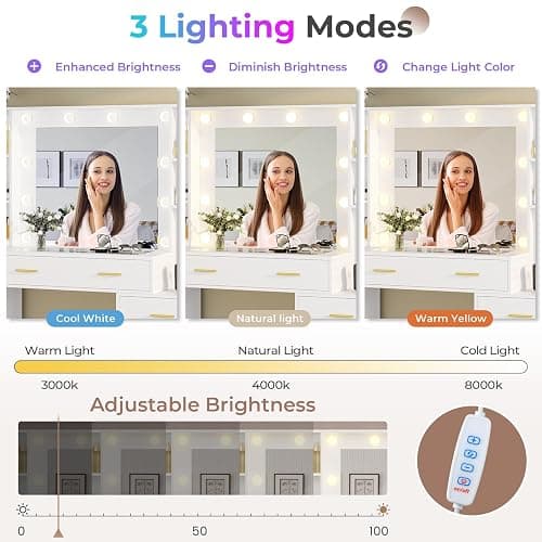 Hasuit 48.8'' Large Vanity Desk with Lighted Mirror & Power Outlet, White Makeup Vanity Table with 6 Drawers, 4 Shelves and 1 Storage Cabinet, Glass Tabletop Bedroom Dressing Table, 3 Lighting Modes thumbnail 4
