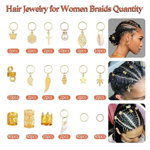 WLLHYF 230 Stück Haarschmuck für Zöpfe Loc-Haare Dreadlocks Metall-Haarspulen Ringe Manschetten Clips goldene Haar-Charms Anhänger Haar-Styling-Zubehör Dekorationen für Frauen und Mädchen thumbnail 3