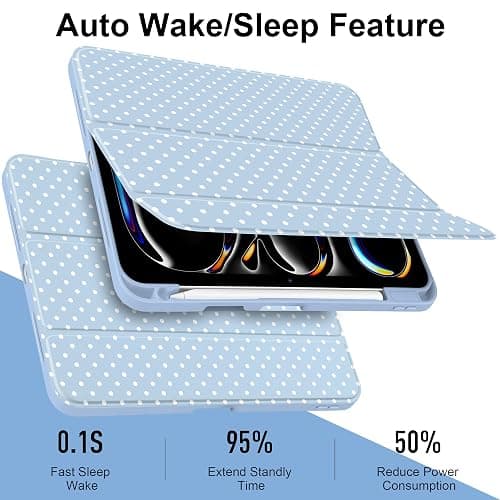 MEEgoodo Case for M5 iPad Pro 11 inch 2025/M4 iPad Pro 11 inch Case 2024, Tablet Cover with Trifold Stand & Pencil Holder & Auto Wake/Sleep & Soft TPU Back Cover, White Polka Dot & Blue thumbnail 3