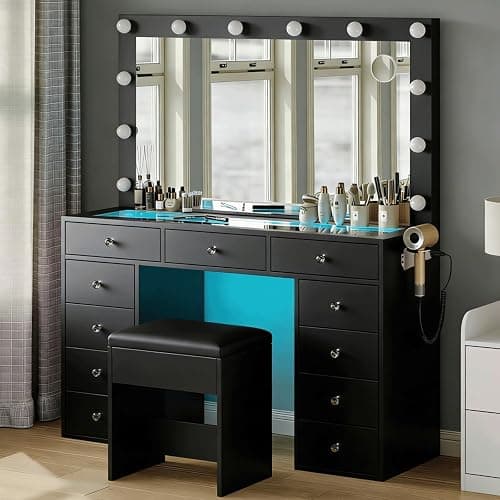 Makeup Vanity Desk with RGB Lights and Large 47.2’’ Mirror, 11 Drawers Makeup Vanity with Lighted Mirror, 3 Color Option, Brightness Adjustable, Make Up Vanity with Charging Station Woman, Black thumbnail 3