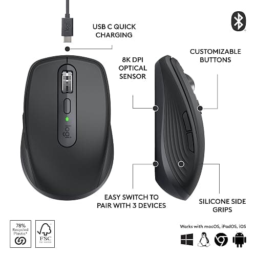 Logitech MX Anywhere 3S Compact Wireless Mouse, Fast Scrolling, 8K DPI Any-Surface Tracking, Quiet Clicks, Programmable Buttons, USB C, Bluetooth, Windows PC, Linux, Chrome, Mac - Graphite thumbnail 6