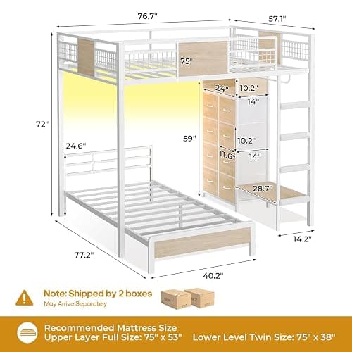 ADORNEVE Full Over Twin Bunk Bed with 8 Storage Drawers, Metal Loft Bed with Led Lights & Storage Shelves, Bunk Beds Twin over Full Size with 13.4" H Safety Guardrail & Ladder, for Kids & Teens, White thumbnail 2