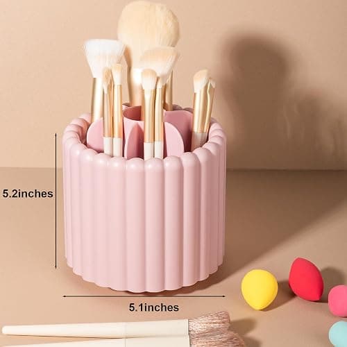 Rotating Makeup Brush Holder Organizer with Removable Dividers, Pink | 7 Slots Make Up Brush Organizer 360 Spinning Cosmetic Storage Pen Holder for Desk, Vanity, Dresser thumbnail 6