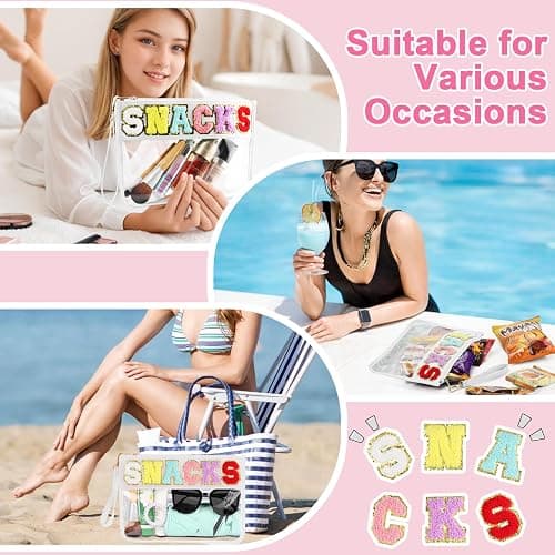 Snack Bag for Travel - Clear Chenille Varsity Letter Flat Pouch with Zipper, 12.2×8.46 inch Waterproof Clear Nylon Preppy Patch Makeup Cosmetic tote Bags for Women Girls thumbnail 6
