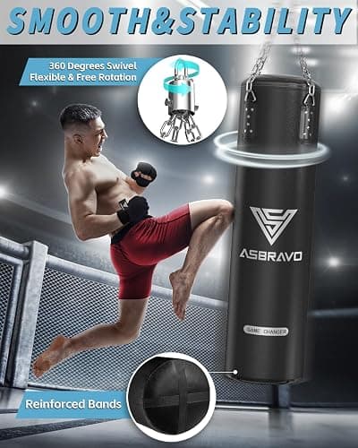 ASBRAVO Punching Bag for Adults, 4ft PU Heavy Boxing Bag Set 12OZ Gloves for MMA Muay Thai Kickboxing Training Home Gym, Martial Art (Unfilled) thumbnail 4