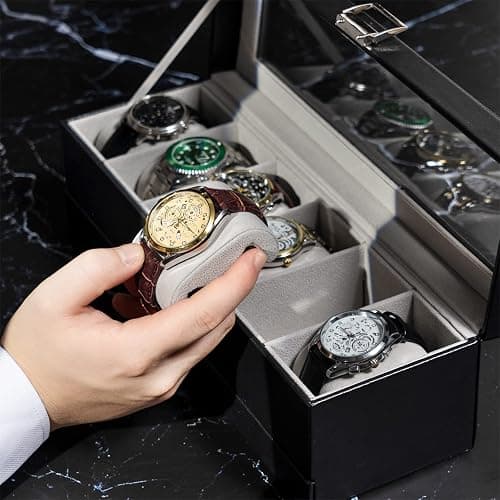 ProCase Watch Box for Men, 6 Slot Watch Display Case with Drawer, Mens Watch Case With Glass Lid, 2-Layer Jewelry and Watch Storage Watch Holder Organizer for Men Women -6 Slot, Black - 6-Slot - Black thumbnail 5