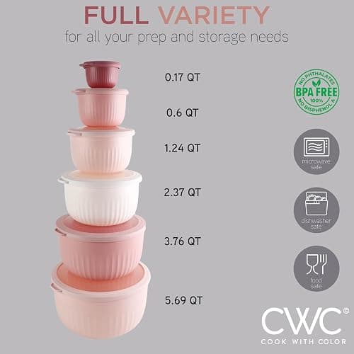 COOK WITH COLOR Prep Bowls with Lids- Wide and Deep Nesting Plastic Small Mixing Bowl Set with Lids, 12 Piece Set - Deep Bowls, Pink thumbnail 3