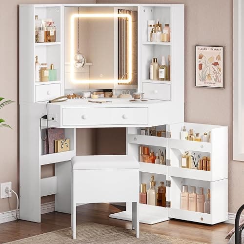 BTHFST Corner Vanity Desk with Lights and Charging Station, Makeup Vanity with Lights, Vanity Set with Mirror and Storage Stool, Makeup Table with Drawers, Rotating Shelves, White - Image 1