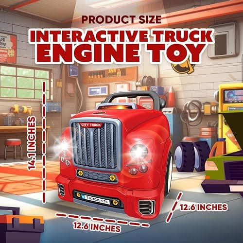 Playbees Red Truck Engine Repair Toy – Kids Mechanic Repair Set with Tools, Lights & Sounds – Interactive Take-Apart Engine Builder Truck, Great thumbnail 2