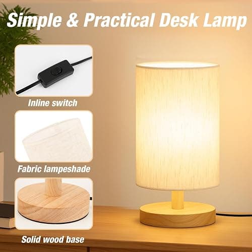EZIYIN Desk Lamp LED Bulb Included, Small Bedside Table Lamp Plug-in - Classic Wood Base with Flaxen Fabric Shade, Lamps for Night Stands, Simple Nightstand Light for Bedroom, Office, Desk thumbnail 3