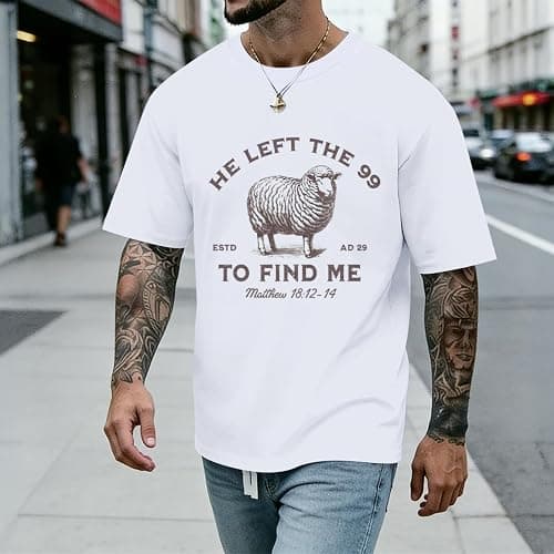 Weripoah He Left The 99 to Find Me Shirt Men Christian Graphic T-Shirts Jesus God Faith Shirts Religious Bible Verse Tees Top thumbnail 6