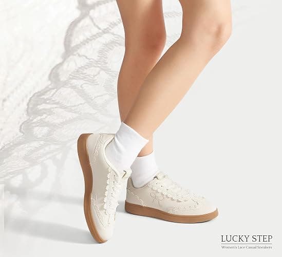 LUCKY STEP Women's Lace Detail Sneakers Organza Ribbon | Casual Cute Shoes Lace-Up Gum Sole Vintage Trendy Fashion Tennis Shoes thumbnail 3