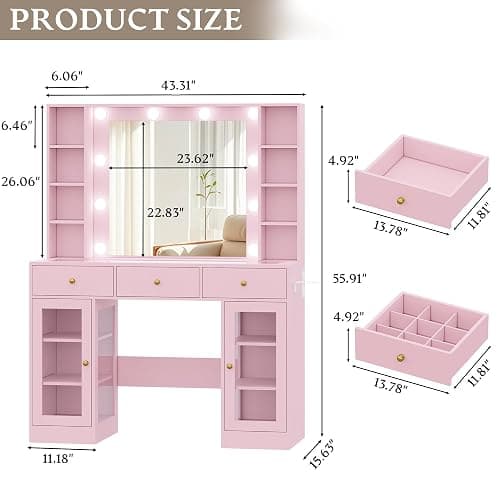 Wodeer Makeup Vanity Desk with Mirror and Lights, Pink Vanity with Glass Top, LED Lights & Power Outlet, 3 Drawers & 2 RGB Glass Cabinets, Adjustable Lighted Dressing Table for Women & Girls Bedroom thumbnail 2