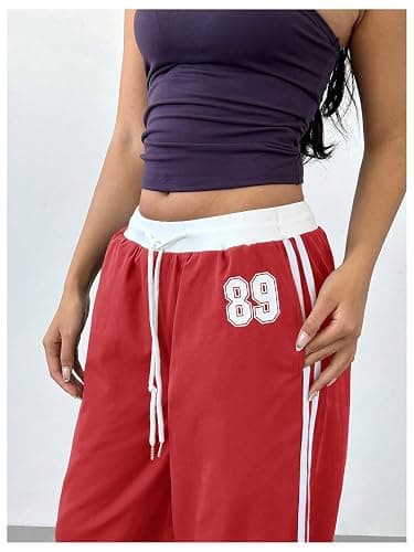 WDIRARA Women's Wide Leg Baggy Sweatpants Side Striped Number Graphic Track Pants with Pockets thumbnail 4