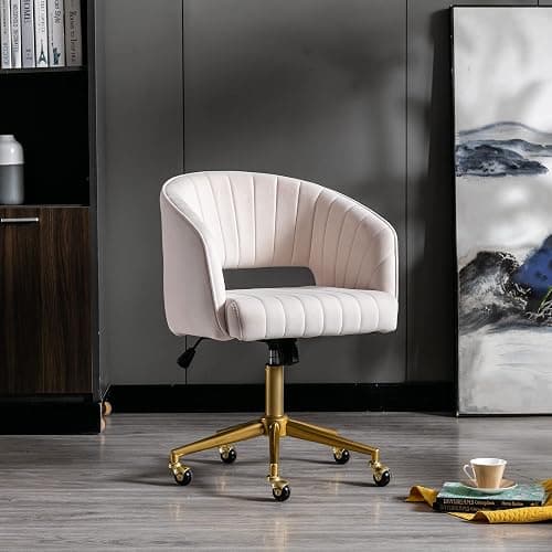Home Office Chair Swivel Velvet Desk Chair Accent Armchair Upholstered Modern Tufted Chairs with Gold Base for Girls Women Ergonomic Study Seat Computer Task Stools for Living Room(Cream) thumbnail 10
