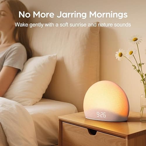 HOUSBAY Sunrise Alarm Clock, White Noise Sound Machine for Bedroom | Natural Wake-Up Light with Gentle Alarm Sounds, 20 Soothing Sleep Aids, Dimmable Display, Screen-Free Design - Pink thumbnail 4