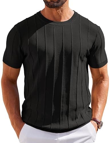 COOFANDY Men's T- Shirts Short Sleeve Knit Sweater Shirt Casual Crewneck Ribbed Pullover Tees - Image 1
