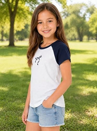 Ecolala Girls Shirts Crew Neck Contrast Raglan Short Sleeve Bow Graphic Tees Cotton Casual Cute Summer Tops thumbnail 5