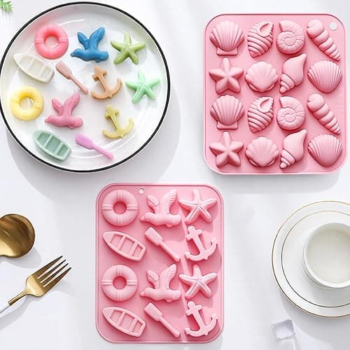Seashell and Nautical Silicone Mold Set, 2 Pack Pink Ice Cube Trays with Starfish Anchor Shell Designs thumbnail 6